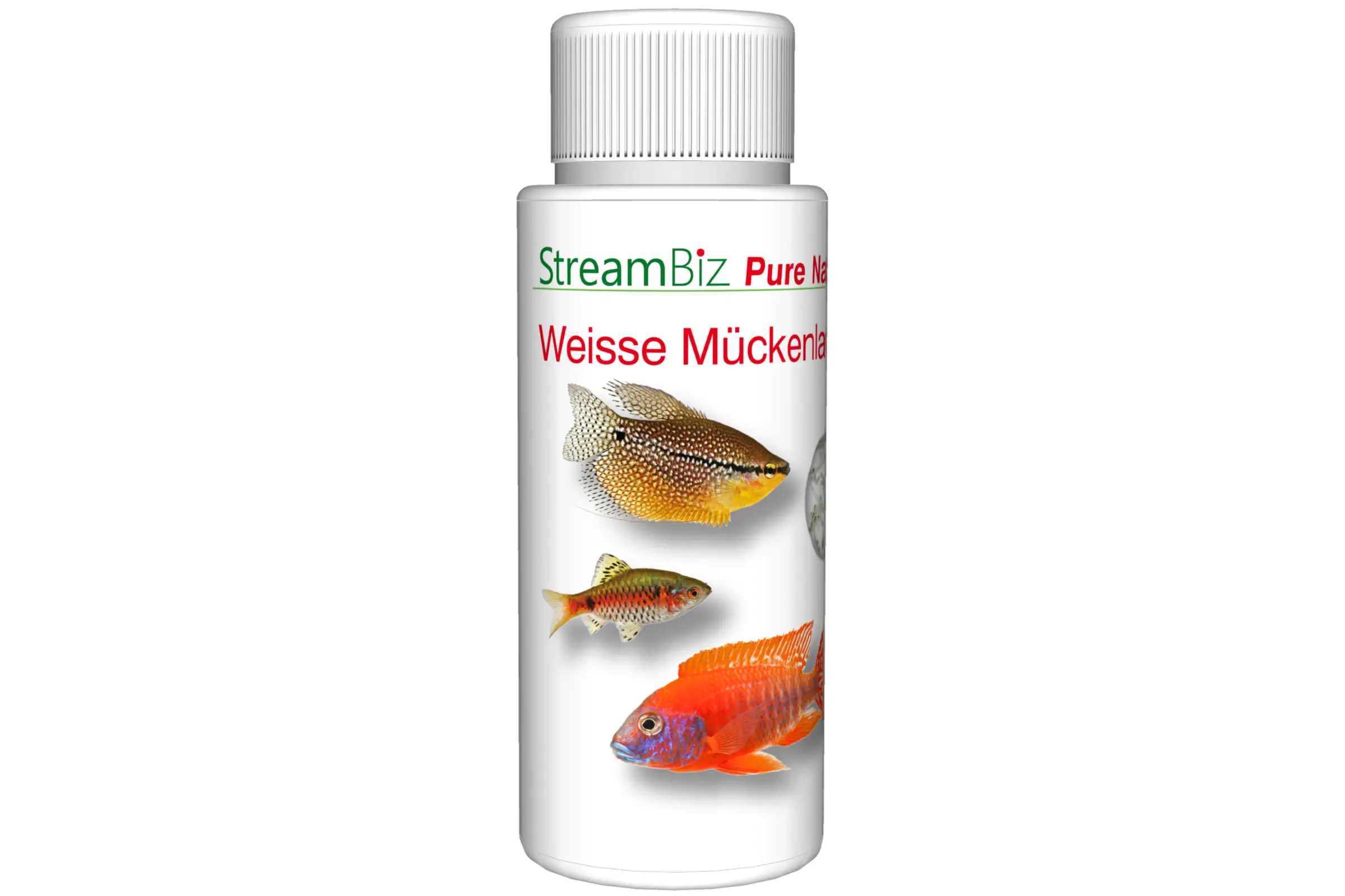 Weiße Flasche mit StreamBiz-Etikett "Weisse Mückenlarven" und Abbildungen mehrerer Zierfische