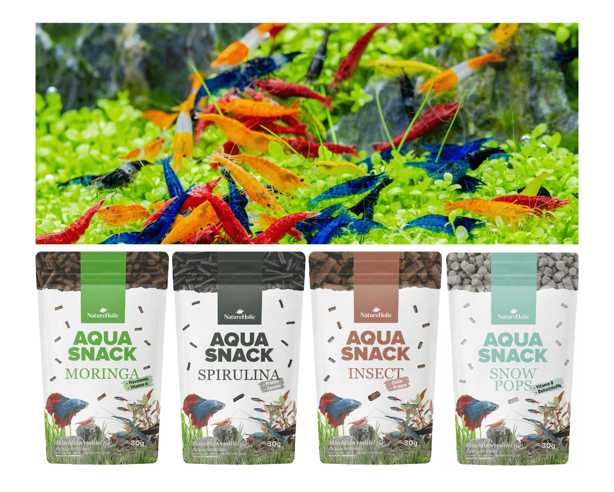 NatureHolic lot de snacks pour crevettes naines, Spirulina, Moringa, Insect & Snow Pops, 4 x 30 g