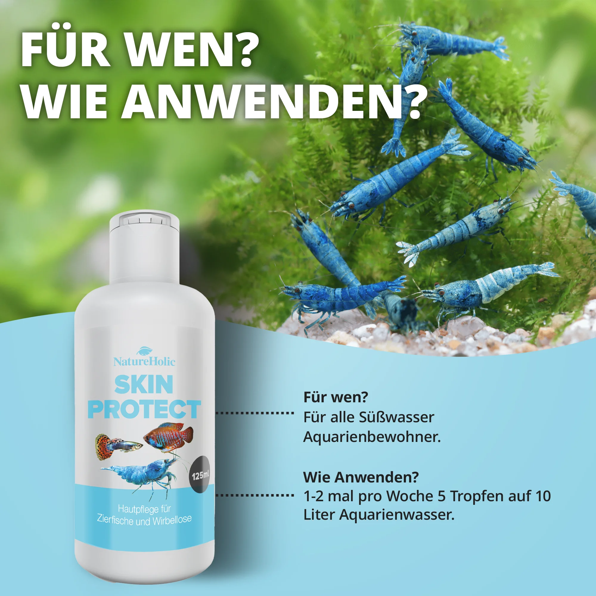 Skin Protect Flasche neben blauen Garnelen im Aquarium