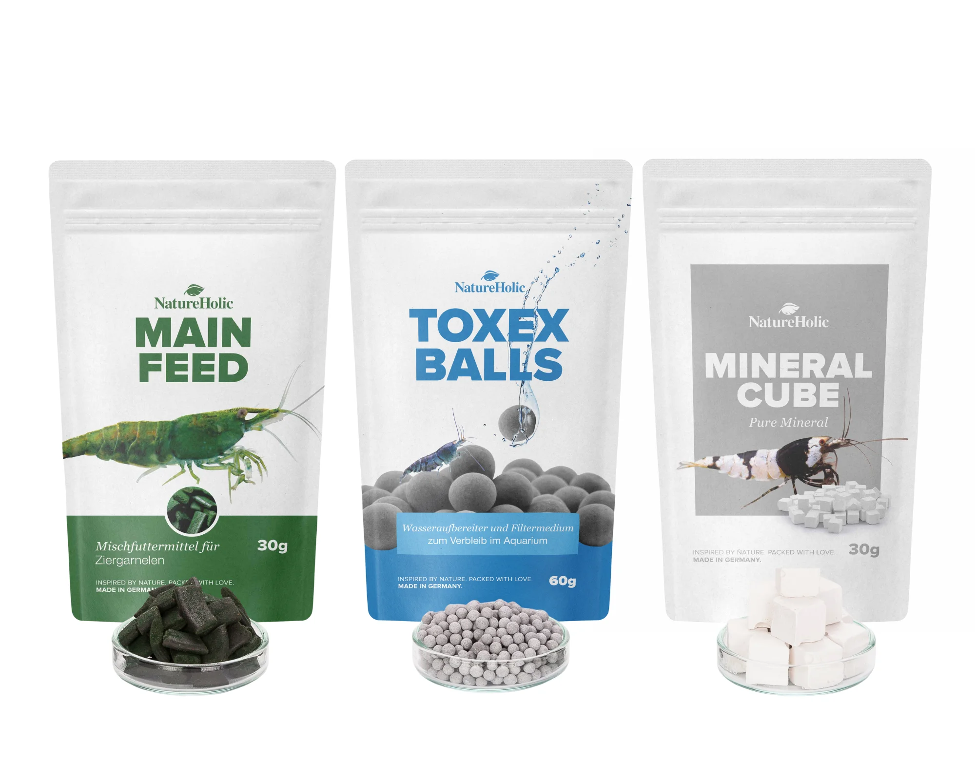 Pack « Sans souci » NatureHolic pour crevettes - Mainfeed, MineralCube Pure Mineral, ToxEx Balls
