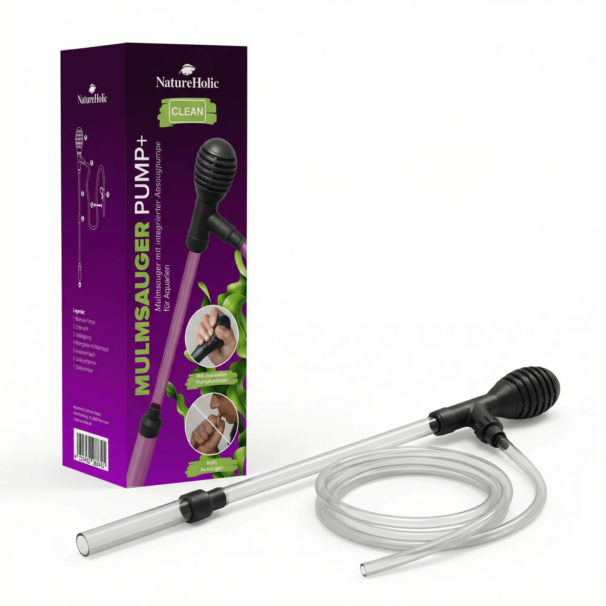 Mulmsauger PUMP+ von NatureHolic mit manueller Gummipumpe, transparentem Schlauch und Metall-Saugrohr, ideal zum Reinigen von Aquarienboden und zum Wasserwechsel