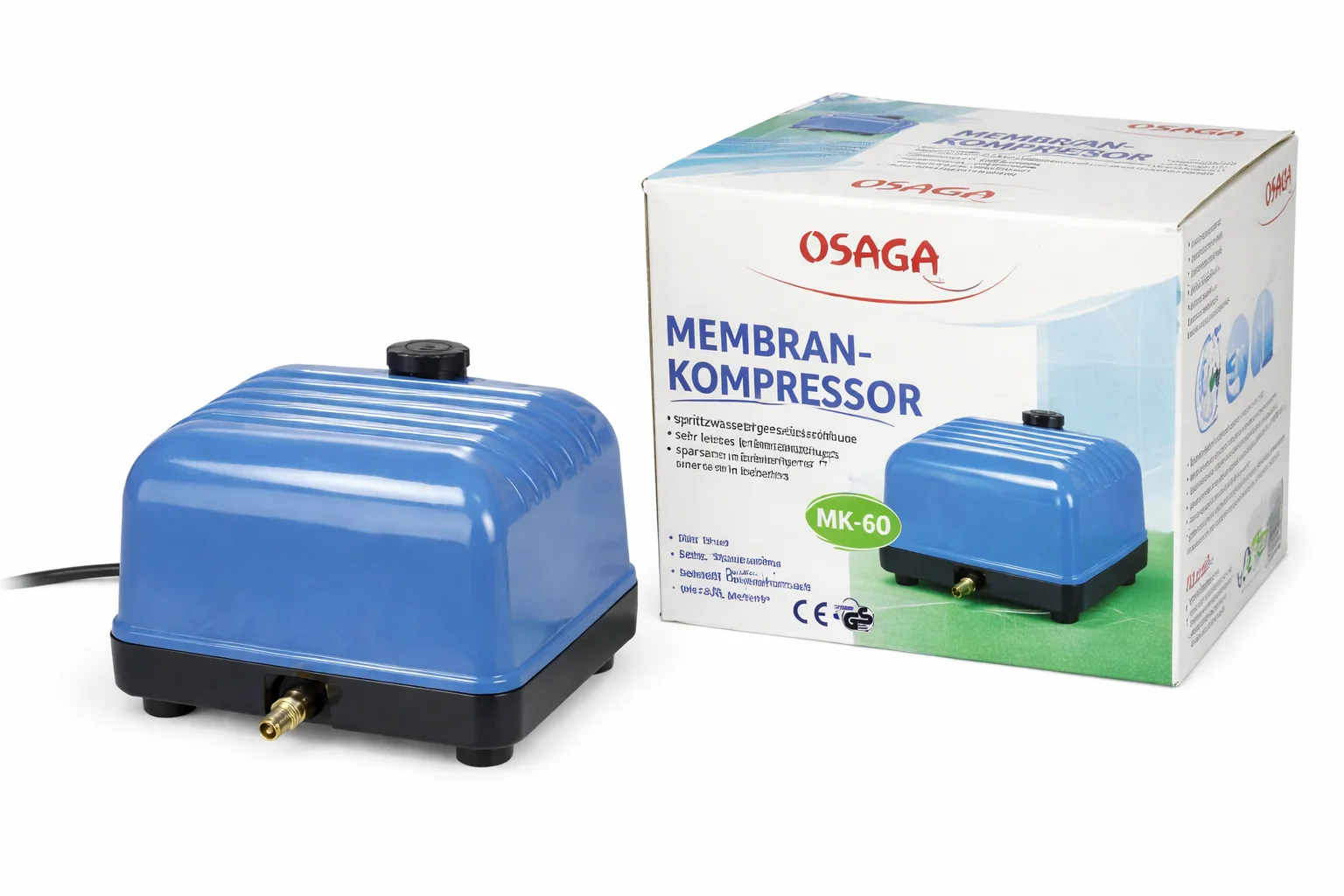 OSAGA Membrankompressor MK-60 (3.600 l/h), kompakter blauer Membrankompressor für Teich, Quarantänebecken und Hälterungswannen, mit Anschlussstutzen – leistungsstarke, platzsparende Belüftungslösung