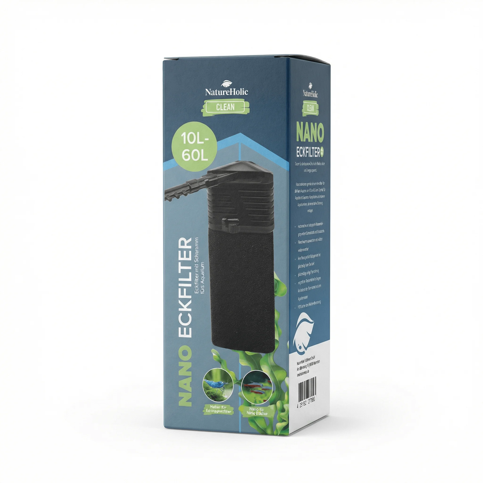Produktverpackung NatureHolic Nano Eckfilter, kompakter Innenfilter für Nanoaquarien 10–60 L; zeigt Filterabbildung, Logo, Hinweise ‚Nano Eckfilter‘ und ‚10L-60L‘ sowie Garnelen-kompatible Schutzfunktion