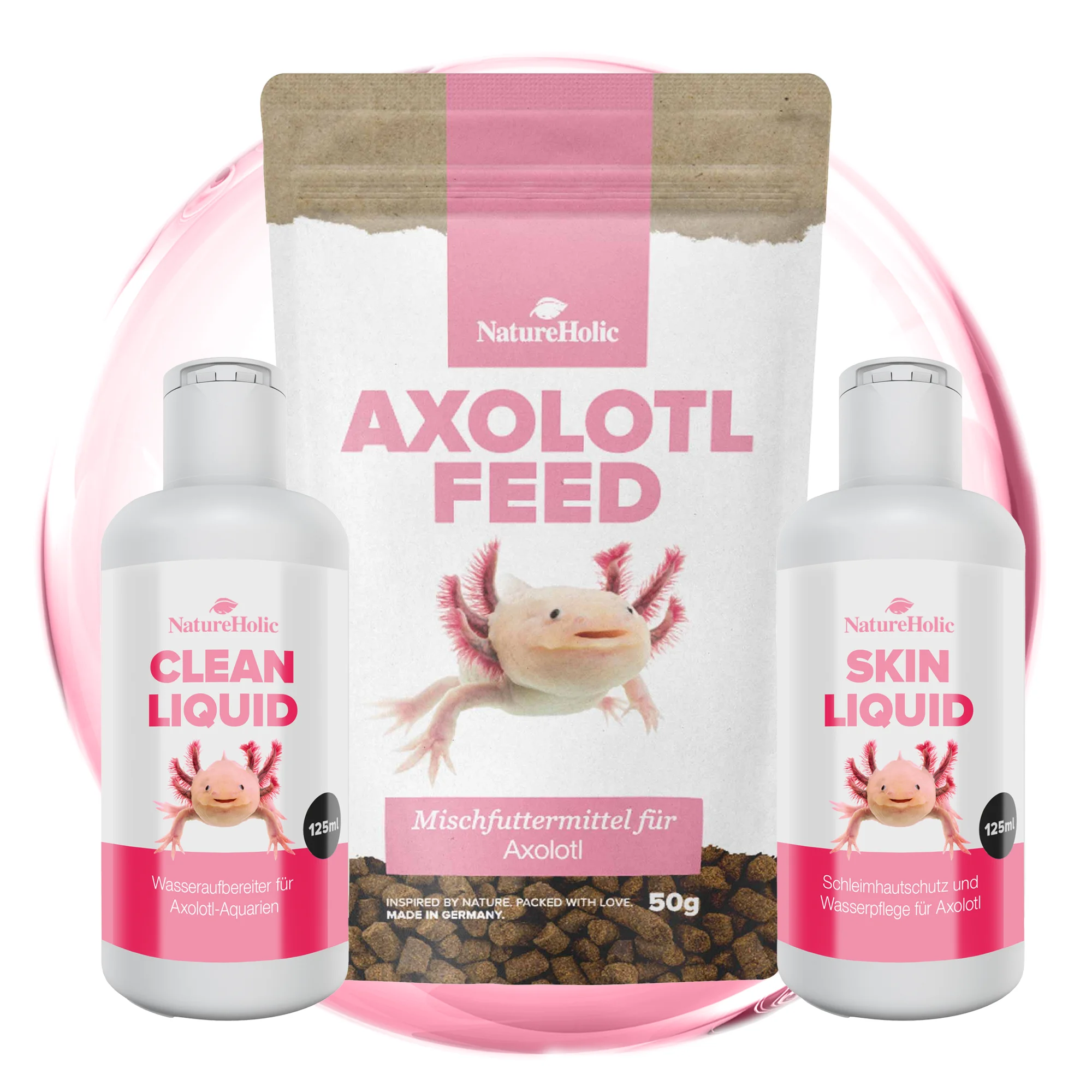 Kit d’entretien NatureHolic pour axolotls, entretien de l’eau, protection des muqueuses et alimentation spéciale
