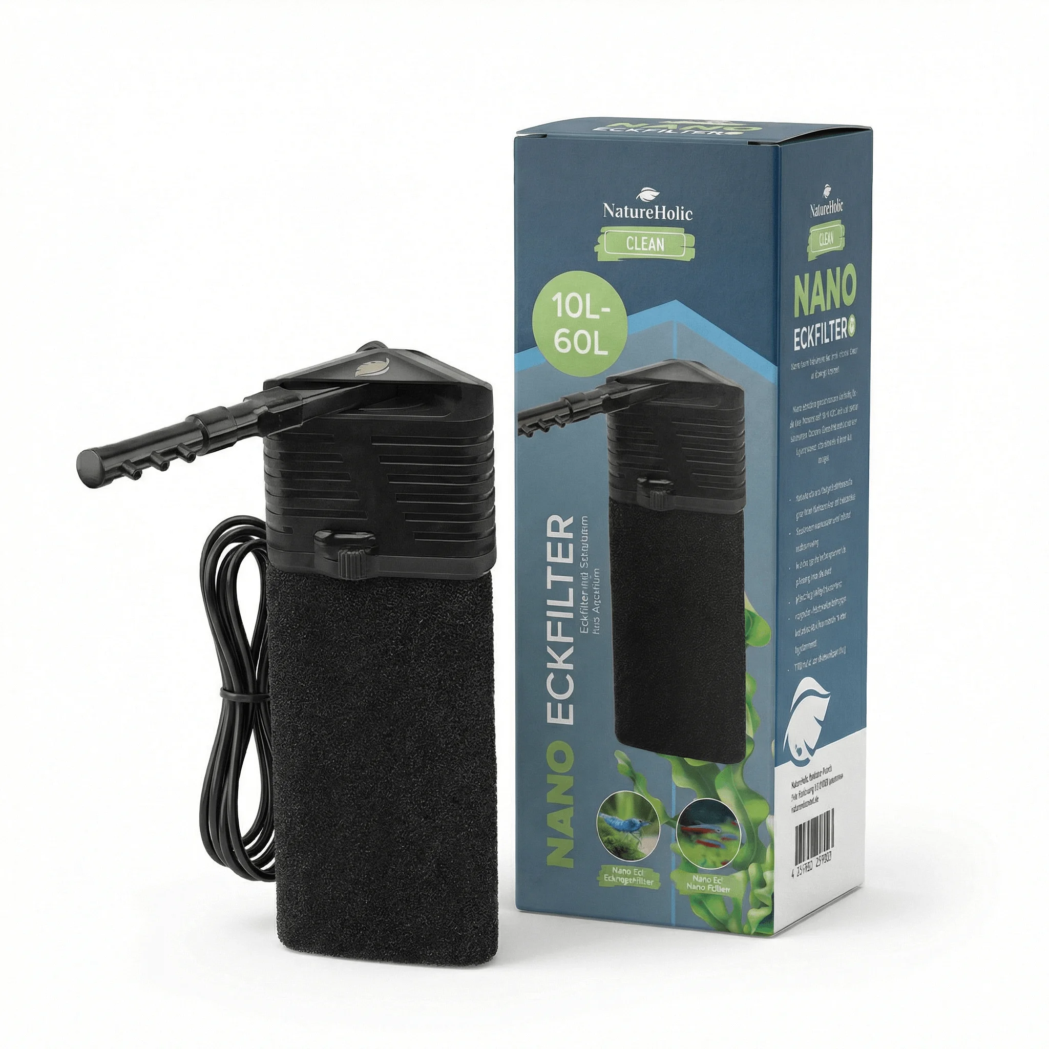 NatureHolic Nano Eckfilter für Aquarium mit schwarzem Schwammfilter und Ausströmer, geeignet für 10–60 L Aquarien