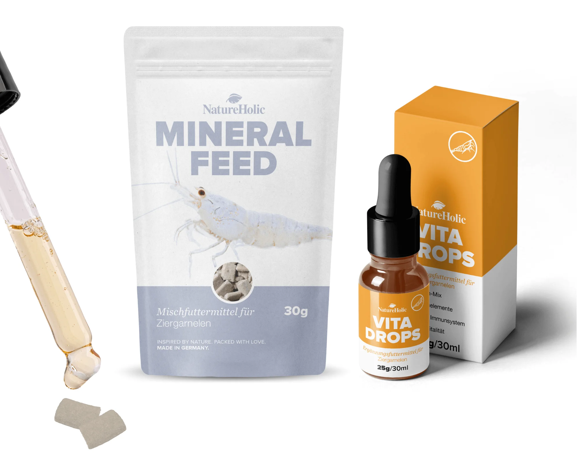 Set de nourriture pour crevettes NatureHolic, Mineralfeed & Vita Drops, apport en minéraux et vitamines