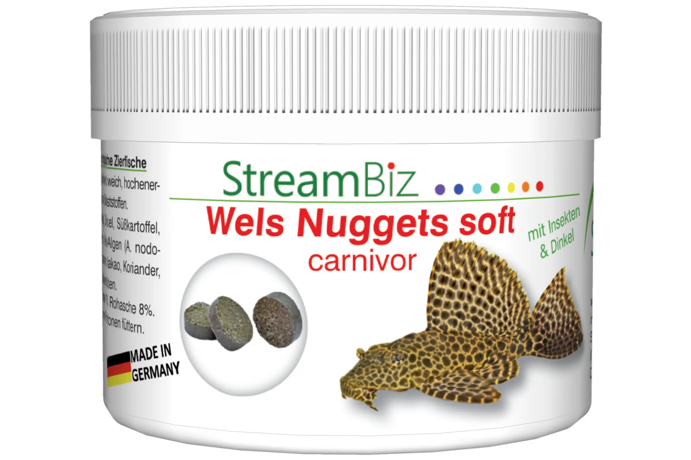 StreamBiz Wels Nuggets soft Carnivor Dose mit Markenlogo, Ansicht der weichen Nugget-Pellets und Abbildung eines L‑Welses; proteinreiches Alleinfutter für fleischfressende Bodenfische, Made in Germany