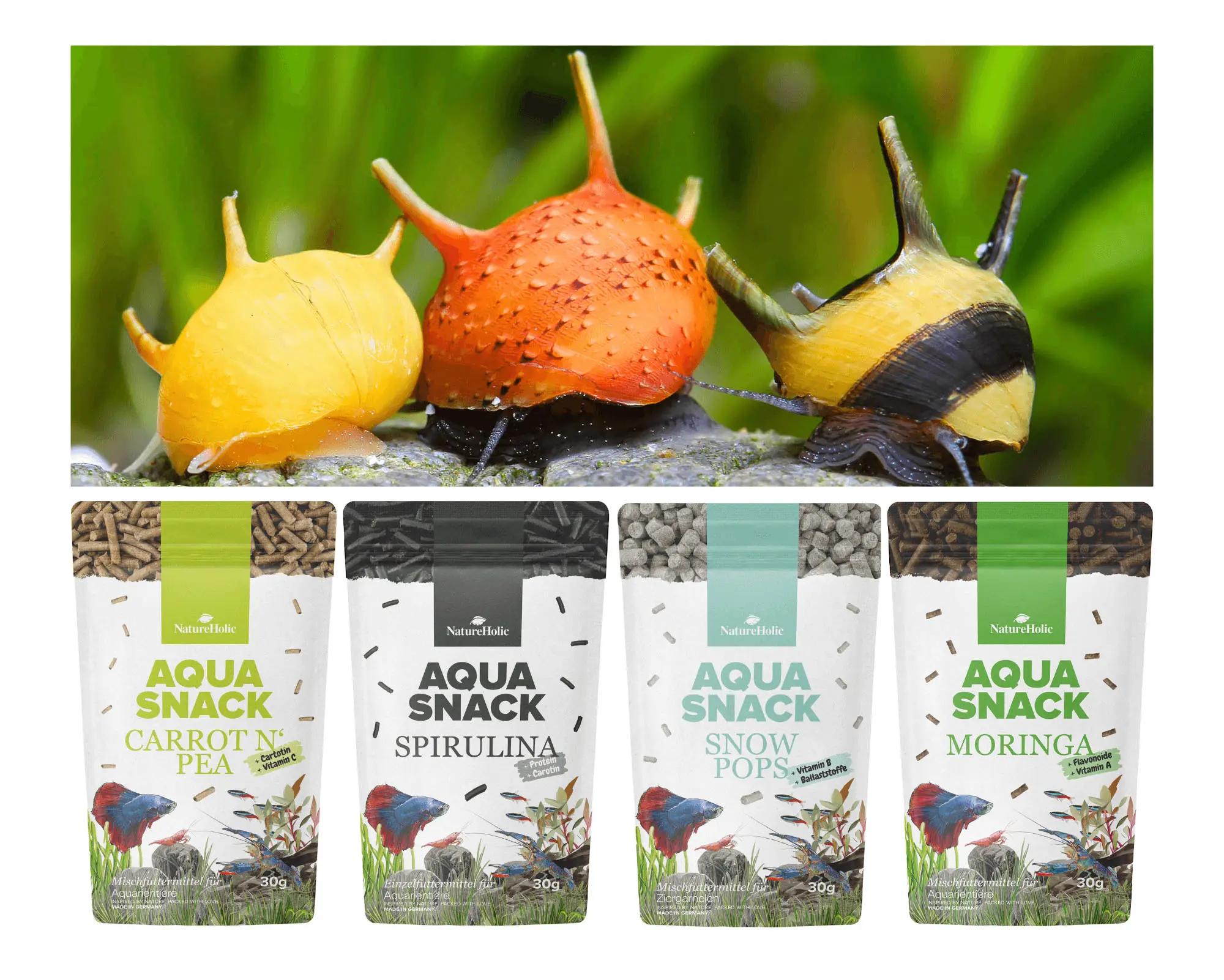 Bunte Wasserschnecken über Aqua Snack Futterpacks