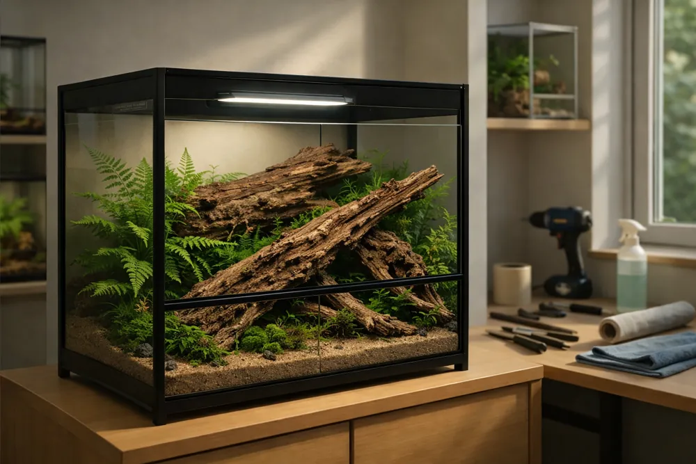 Hobby Honeycomb Wood XL (Naturholz, 40–60 cm) im Terrarium/Aquarium: durchbrochenes, hohles Holz mit offenen Kammern und ausgefransten Kanten als Versteck- und Kletterstruktur, umgeben von Farnen und Moos