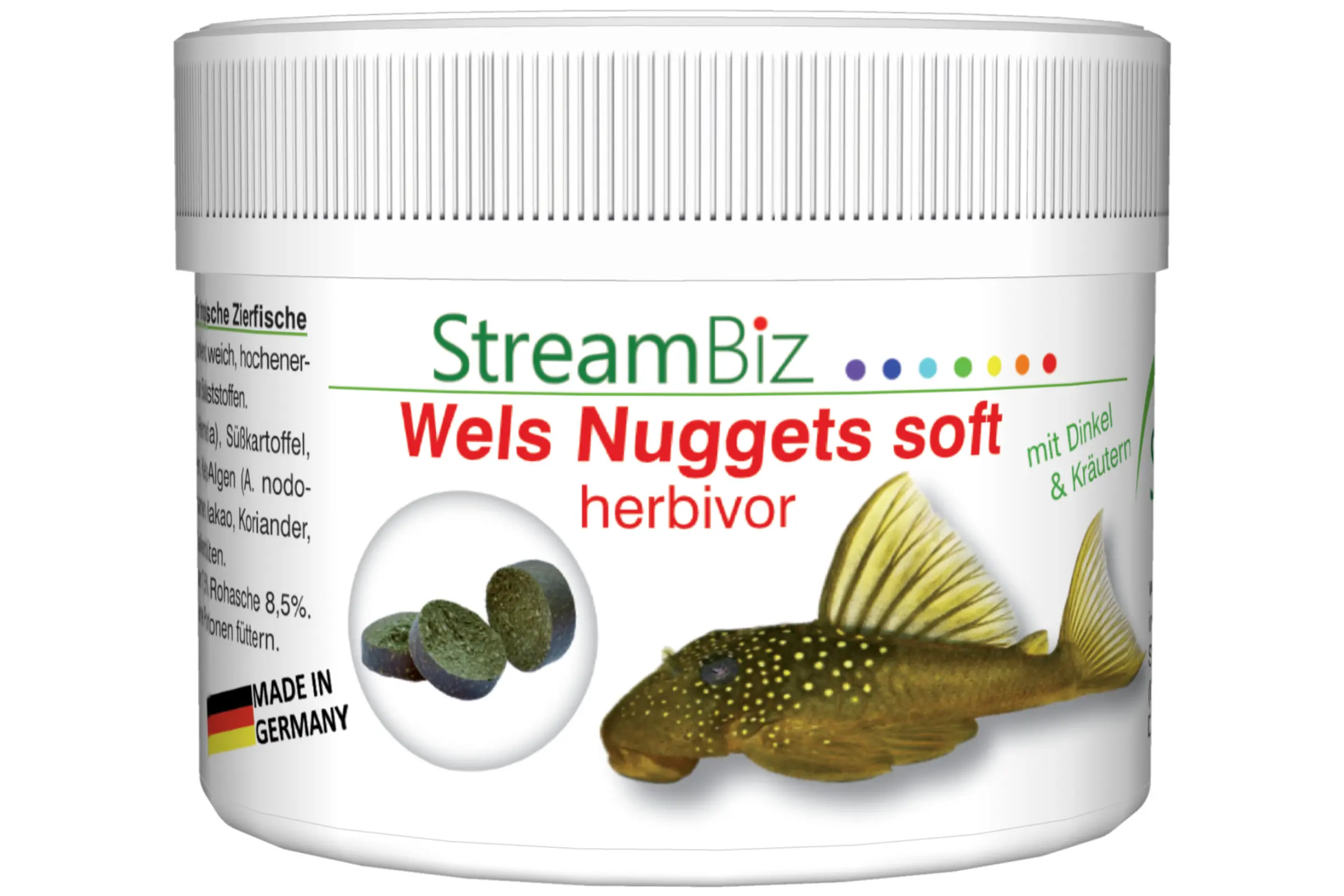 Weiße Dose StreamBiz Wels Nuggets soft Herbivor mit Markenlogo, Bild von grünen Nugget-Tabletten und einem Wels; pflanzenfressendes Bodenfutter, mit Dinkel & Kräutern, Made in Germany, 2 Größen