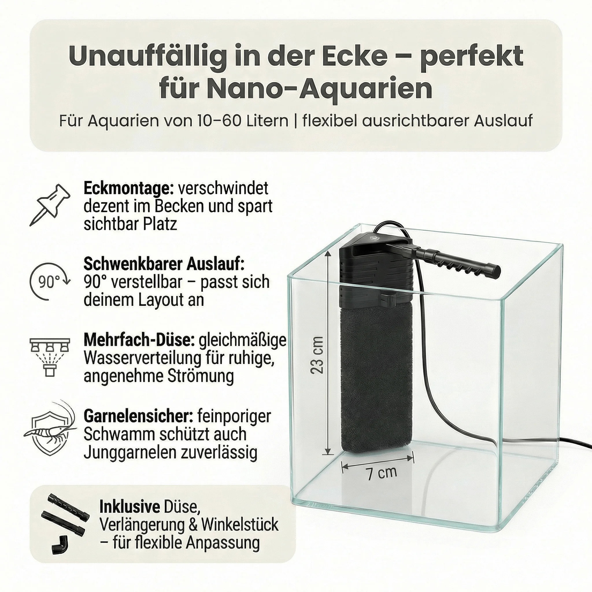 Schwarzer Eck-Schwammfilter im Nano-Aquarium, 23 cm hoch, 7 cm breit, mit flexiblem 90° Auslauf und Kabel; feinporiger Schwamm schützt Junggarnelen, inkl. Düsen- und Verlängerungs- / Winkelstück für flexible Anpassung