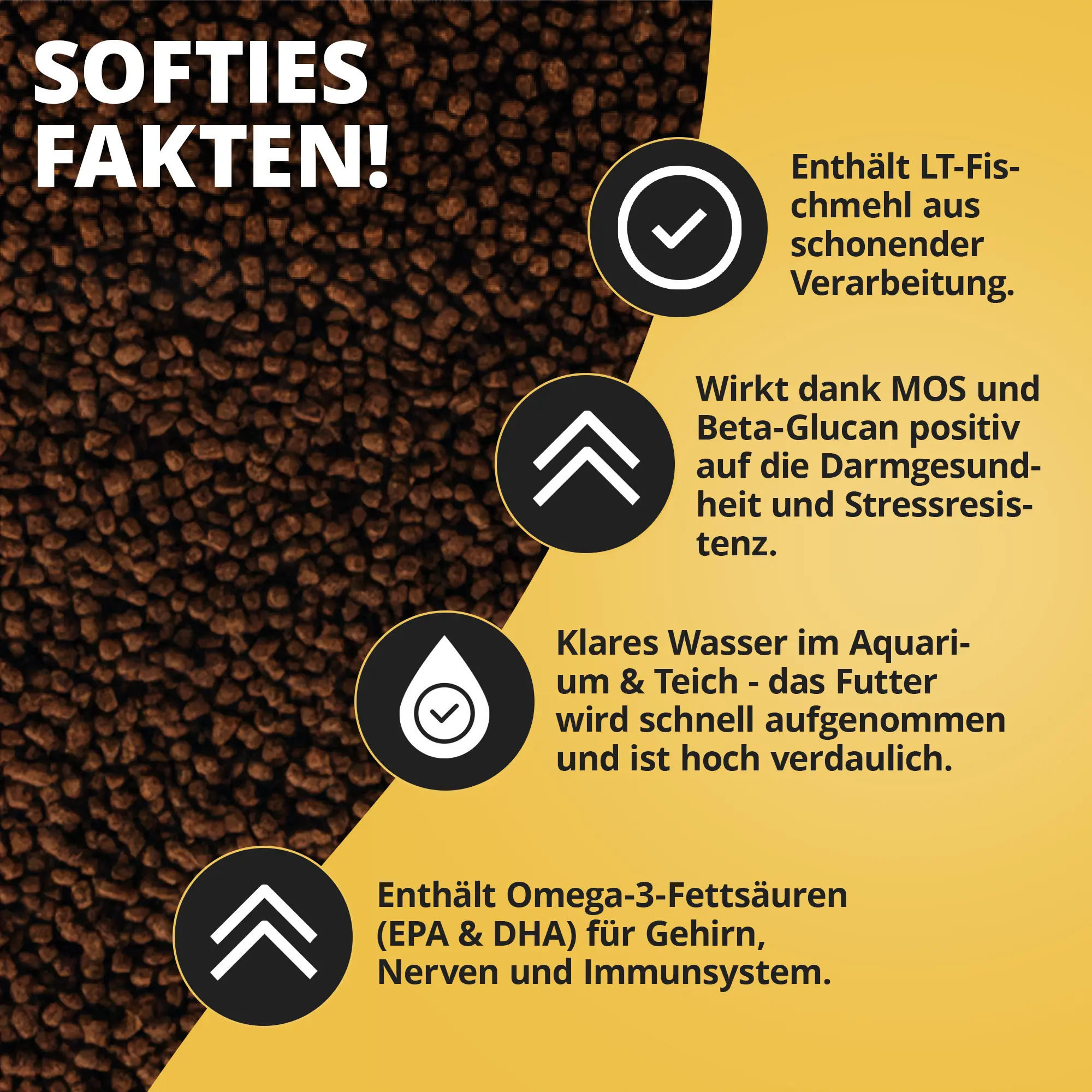 Braune Softies Pellets neben Fakten-Icons