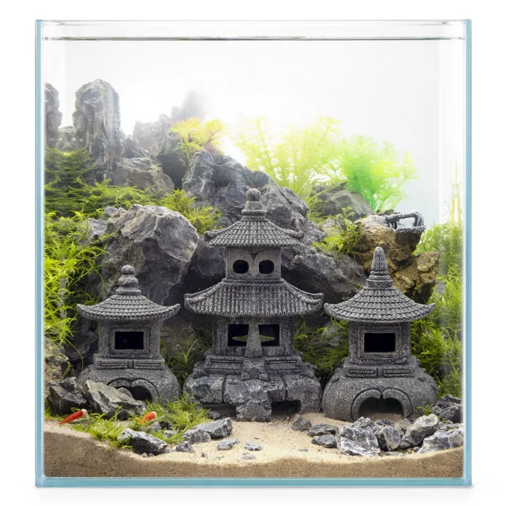 Nanocube-Aquarium mit dreiteiligem Steinpagoden-Deko-Set, Felslandschaft, Wasserpflanzen und Sandboden