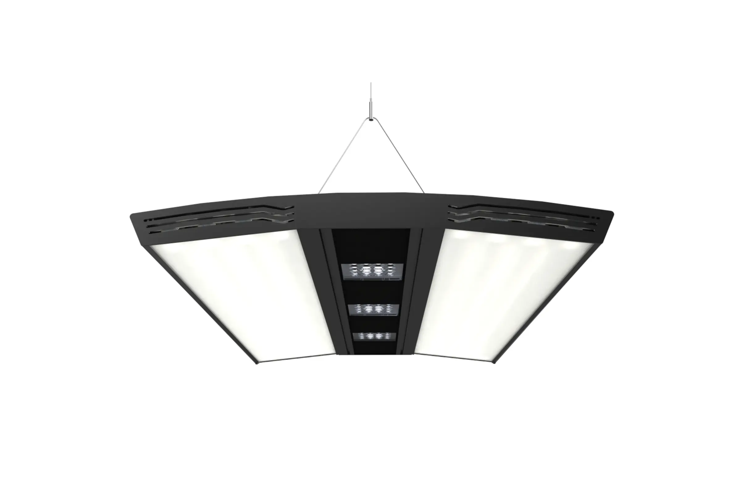 Schwarze LED-Hallenleuchte, hängend, 3 Panels