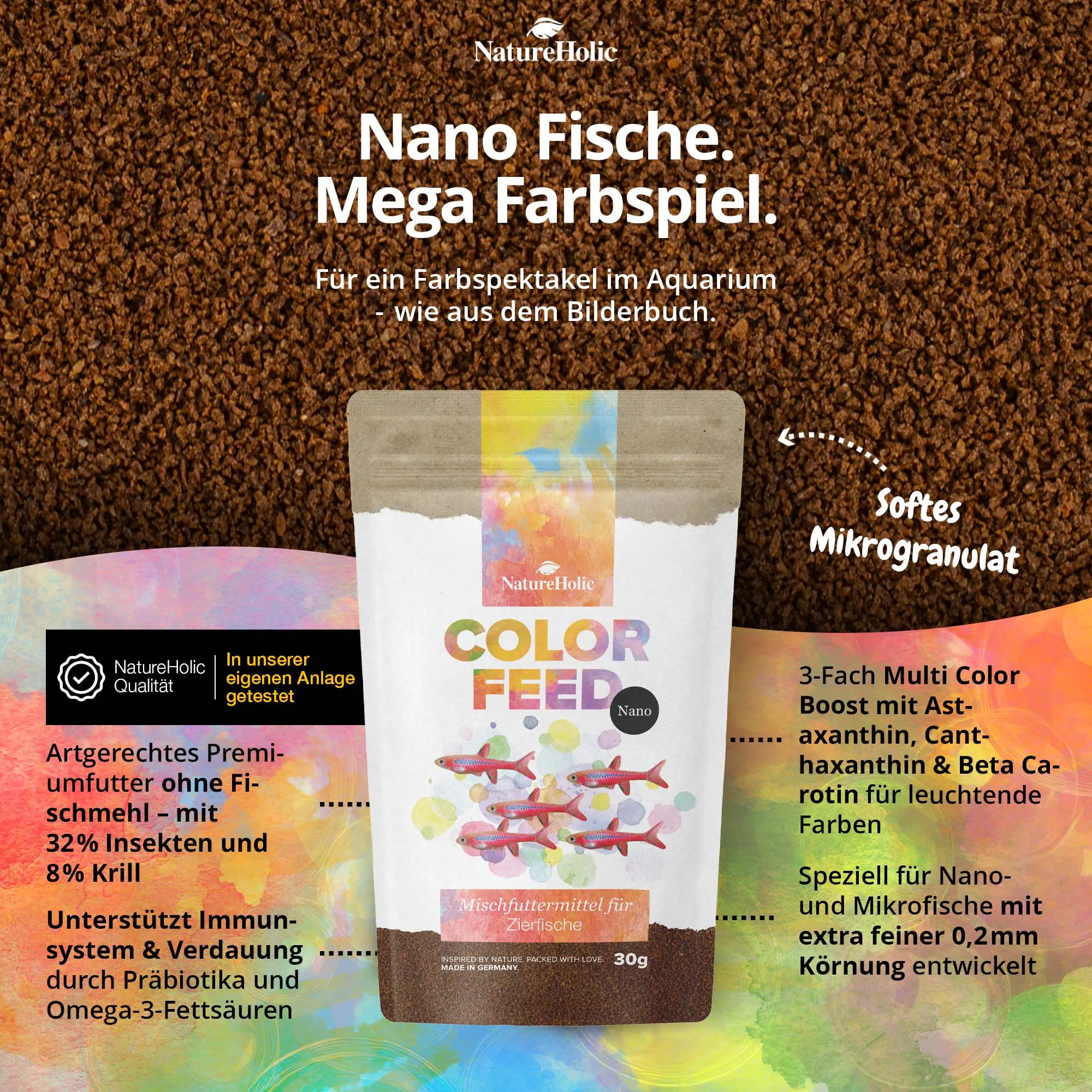 NatureHolic Color Feed Nano Packung vor buntem Hintergrund