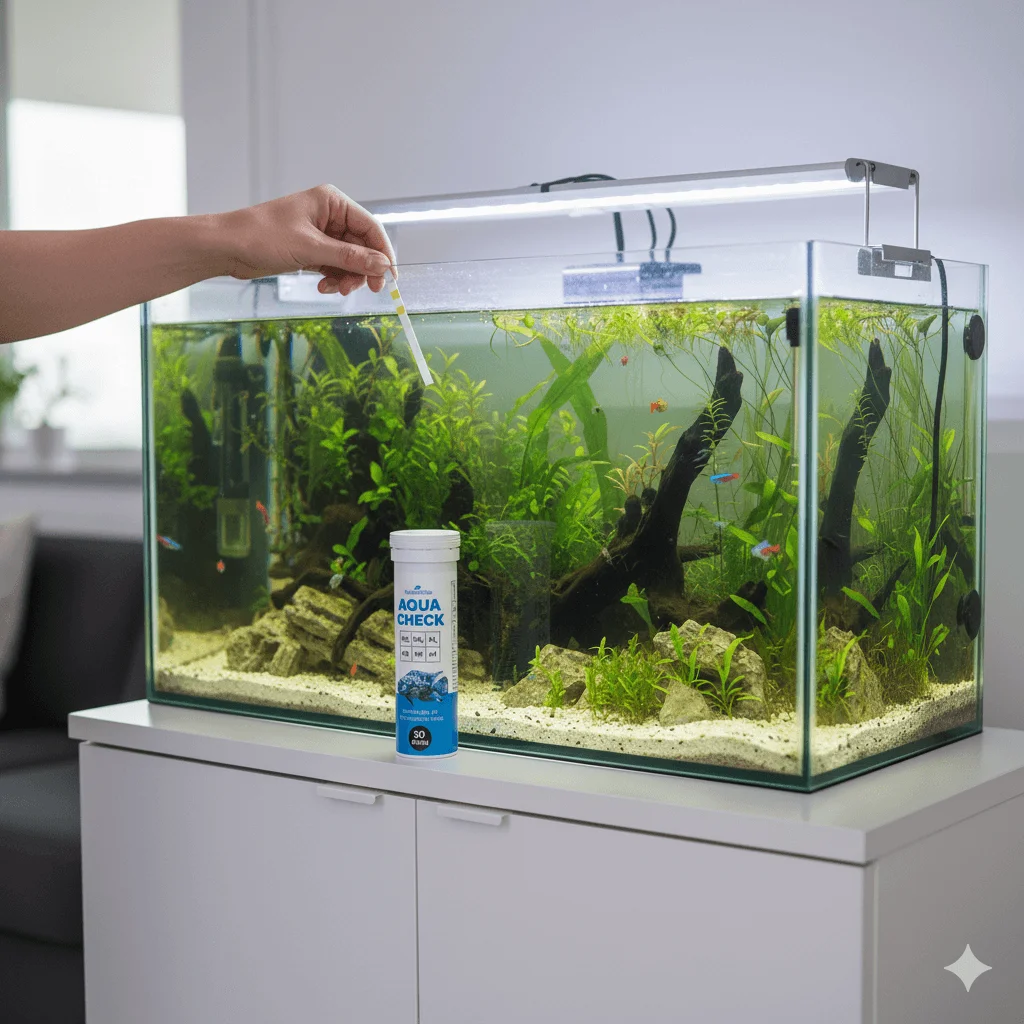 Aquarium-Wassertest mit Teststreifen und Aqua Check