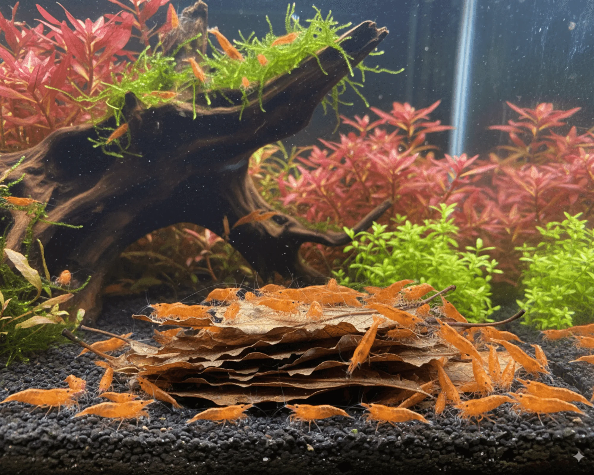 Orange Garnelen auf geschichtetem Laub im Aquarium