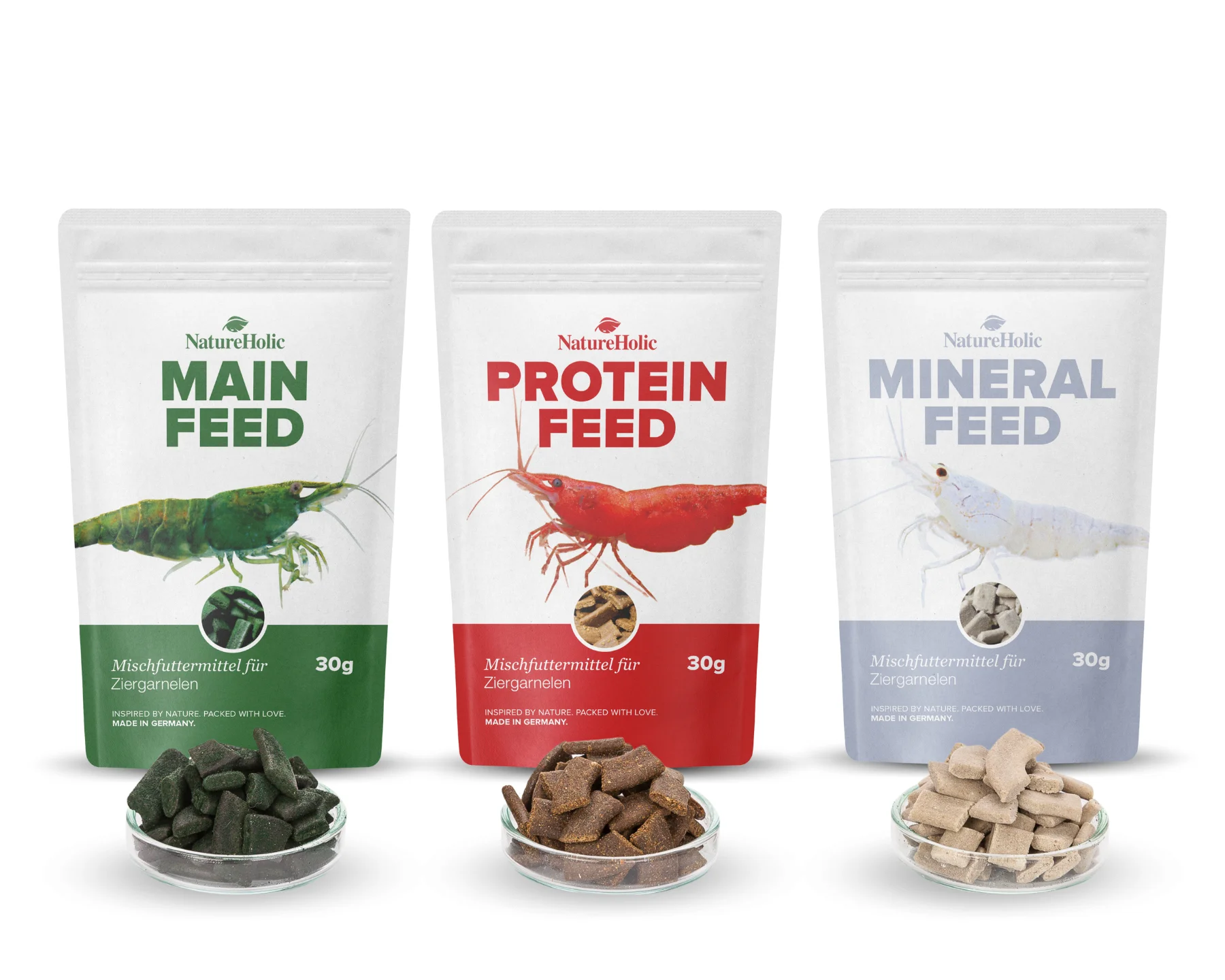 Pack de nourriture NatureHolic, Mainfeed + Proteinfeed + Mineralfeed, nourriture pour crevettes, 3 x 30 g 