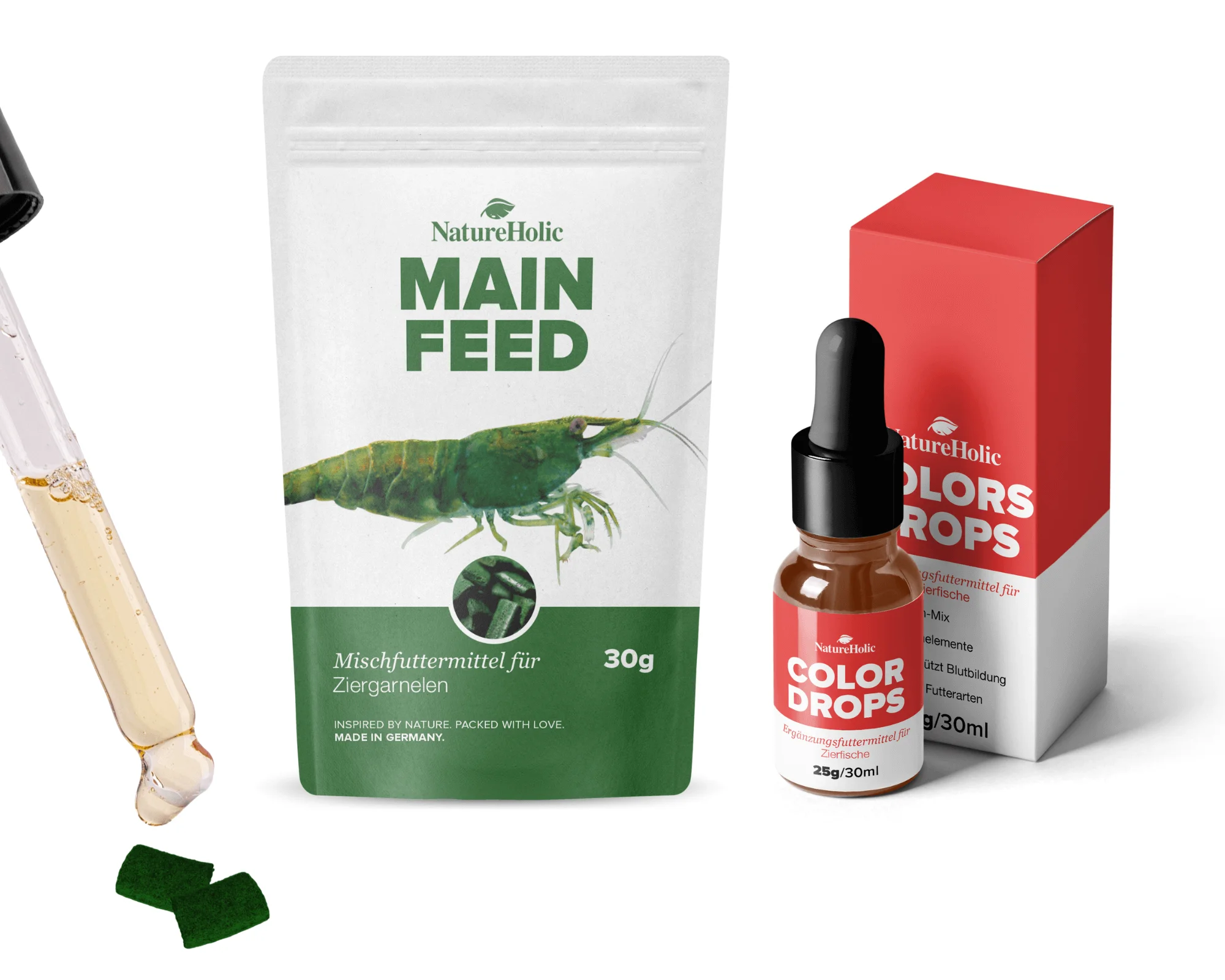 Set de nourriture pour crevettes NatureHolic - Mainfeed & Color Drops, aliment principal & intensification des couleurs