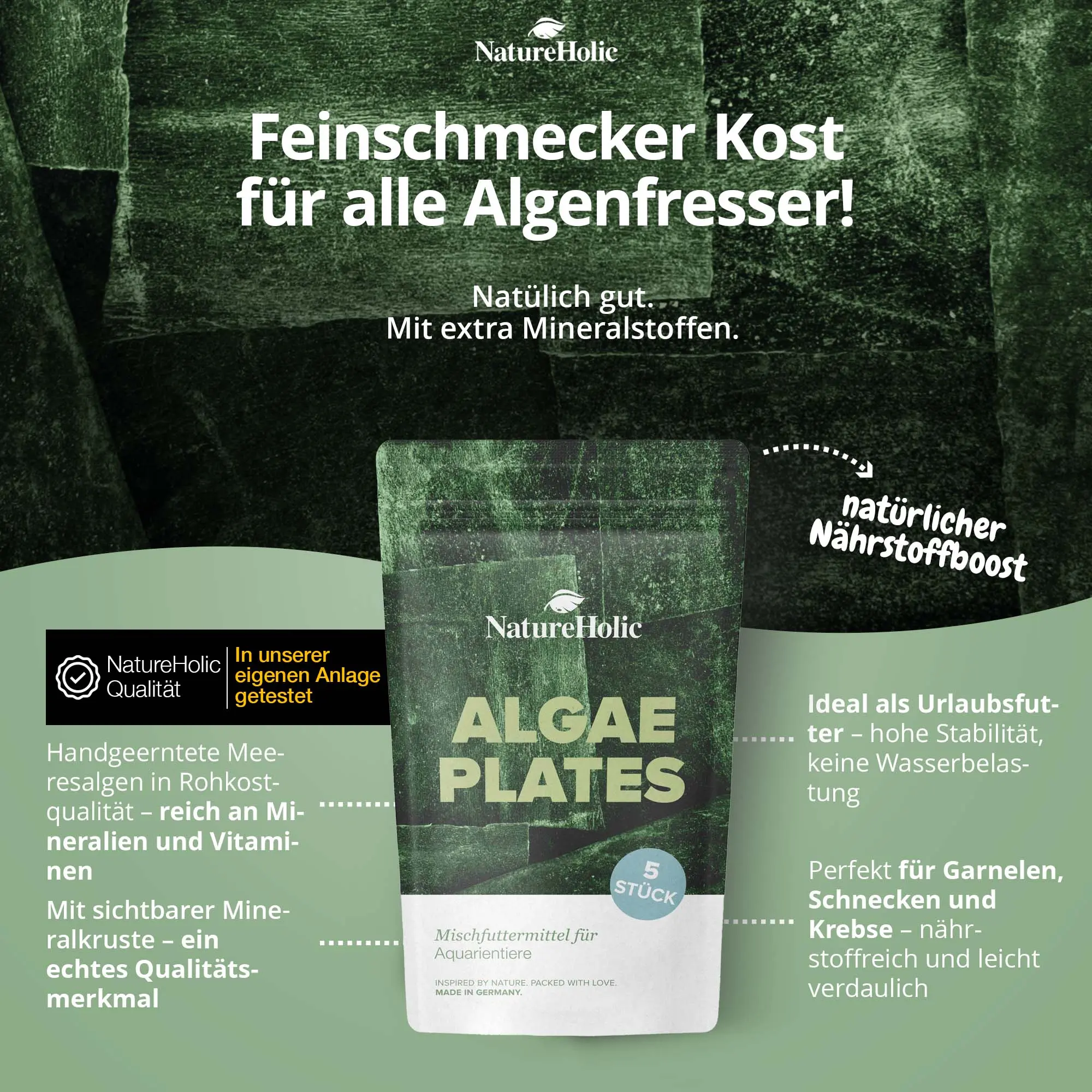 NatureHolic Algae Plates Packung vor grünem Hintergrund