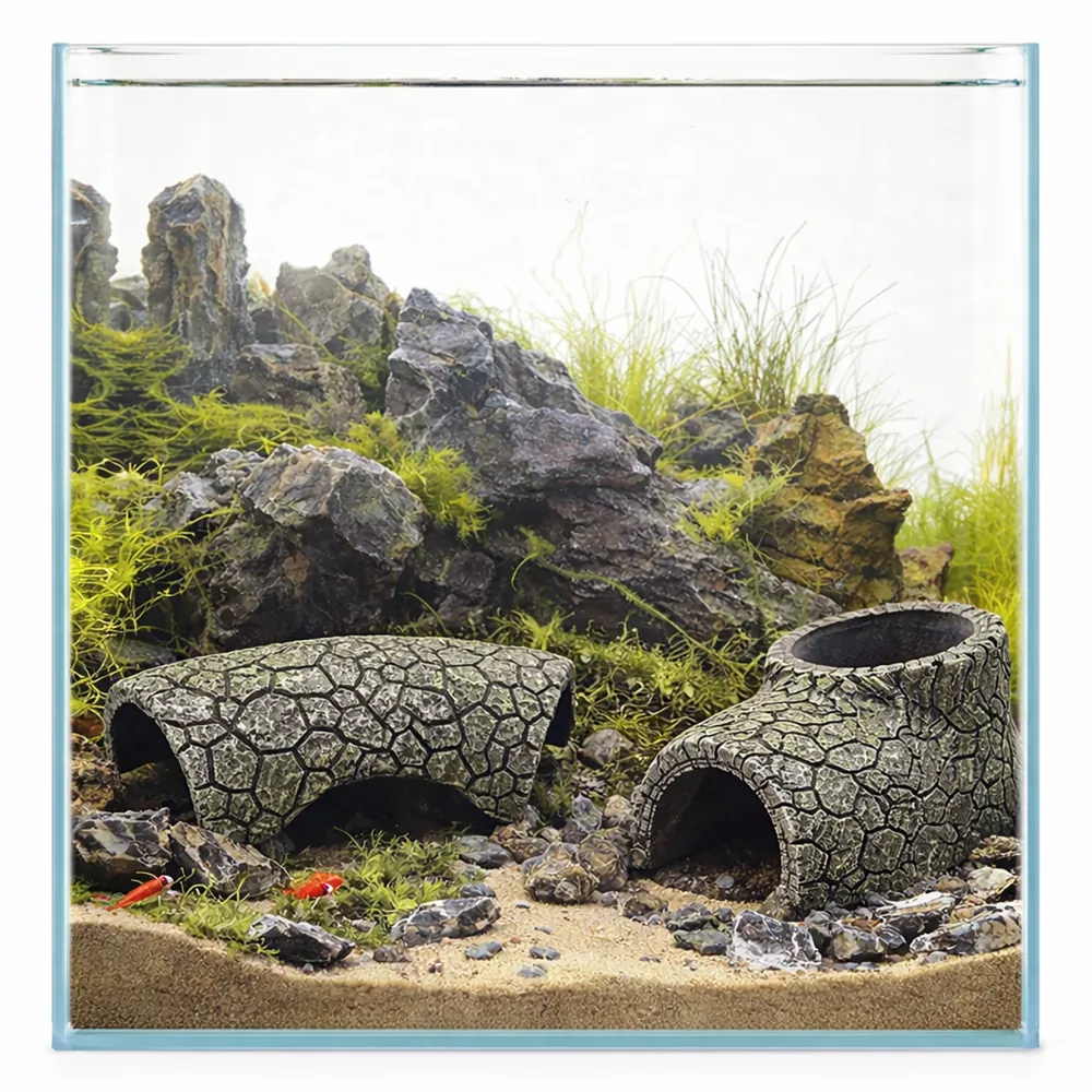 Hobby Cracked Rock Cave 1: Aquarienhöhle mit kantiger Bruchstruktur und sichtbarer Gesteinsmaserung als Versteck für Fische, Garnelen, Reptilien und Amphibien, Maße 17 x 8,5 x 5 cm