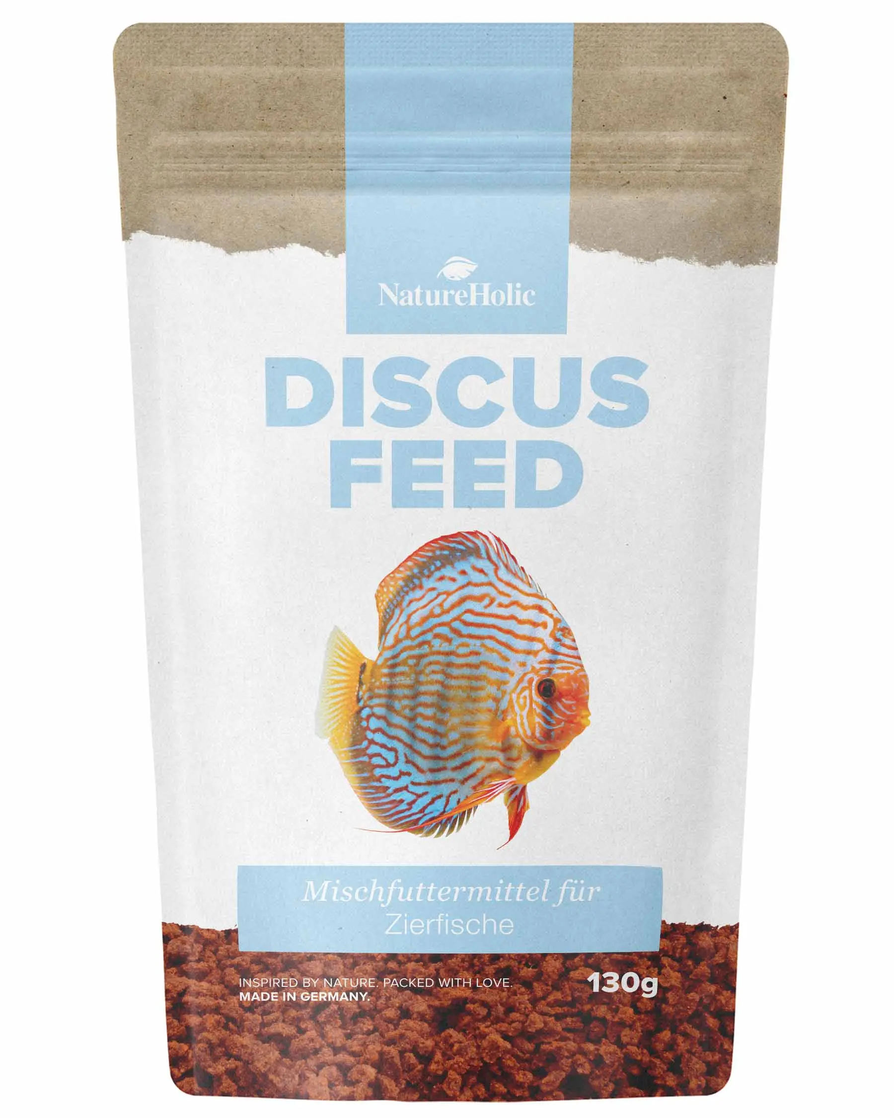 Beutel Discus Feed von NatureHolic, 130 g, Diskusfisch-Motiv