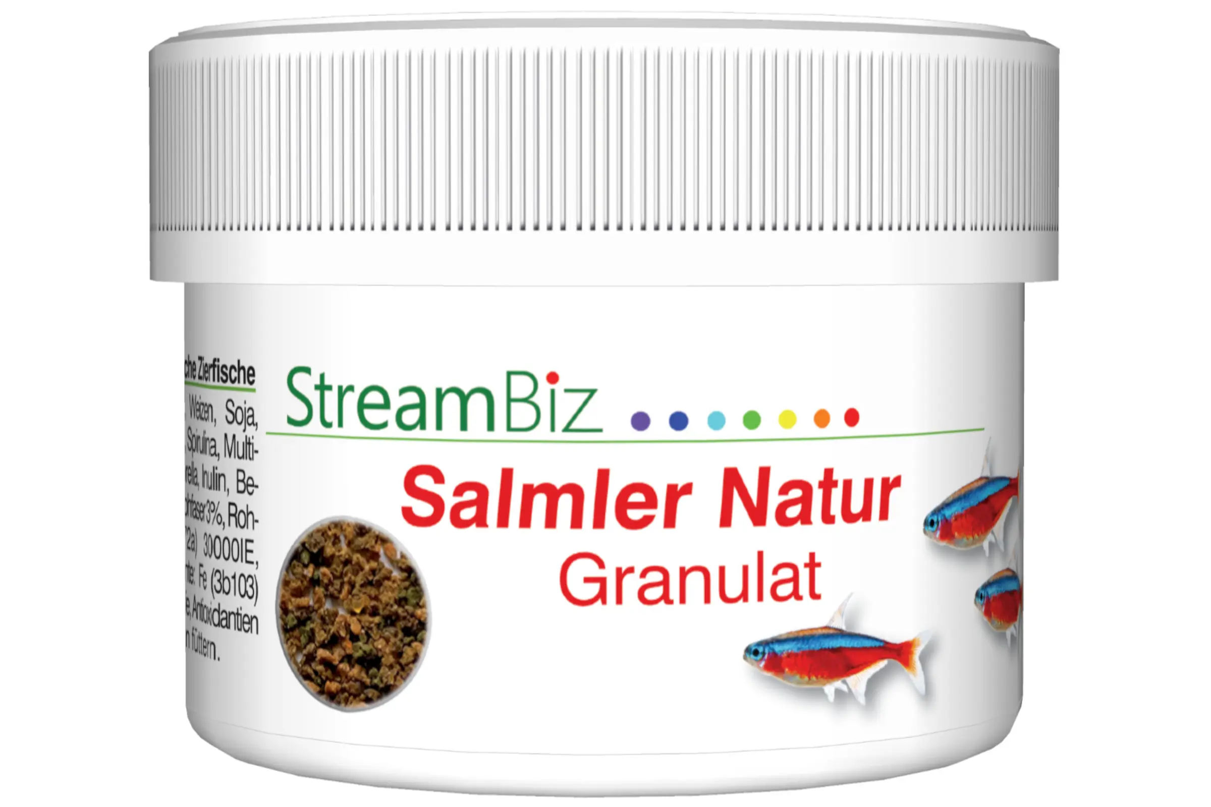 Weiße Plastikdose mit Label "StreamBiz Salmler Natur Granulat", Vorderansicht zeigt Futtergranulat in kleiner Vorschau und drei bunte Salmler (Neonsalmler) auf dem Etikett