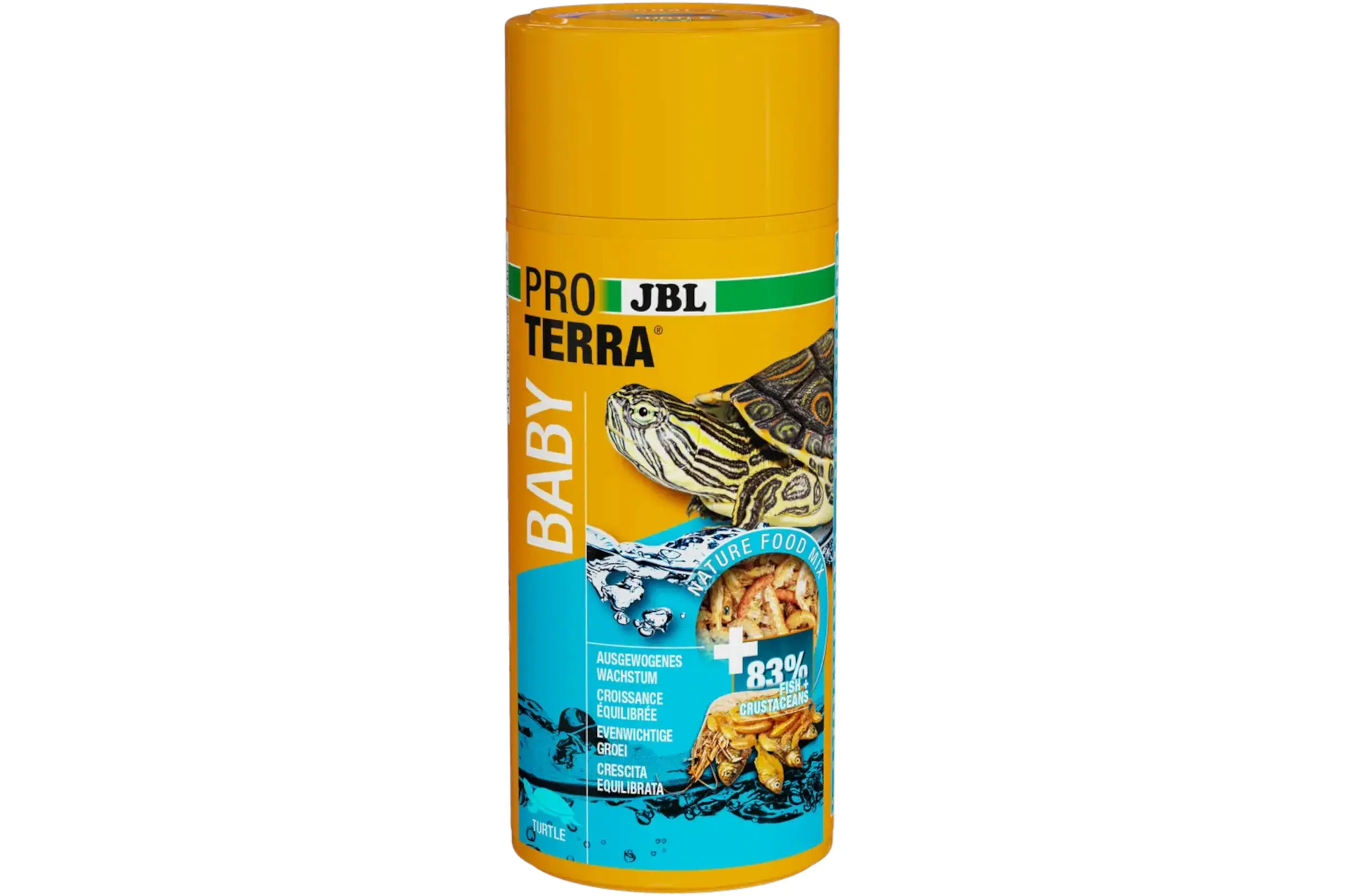 Gelbe Dose JBL Pro Terra Baby Schildkrötenfutter mit Schildkrötenmotiv und Hinweis 83% Fisch und Krustentiere