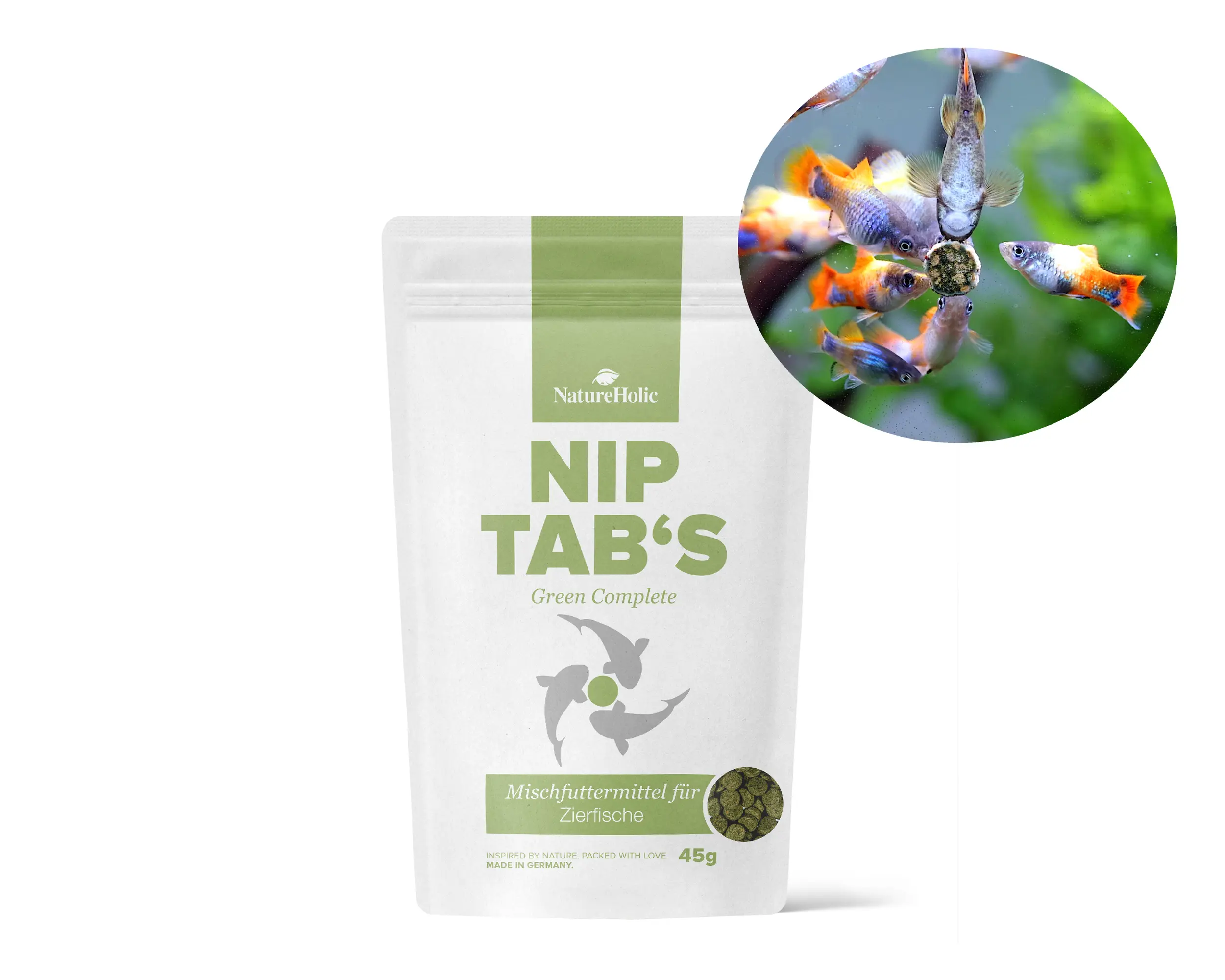 Nip Tab's Zierfischfutter-Beutel mit fressenden Guppys